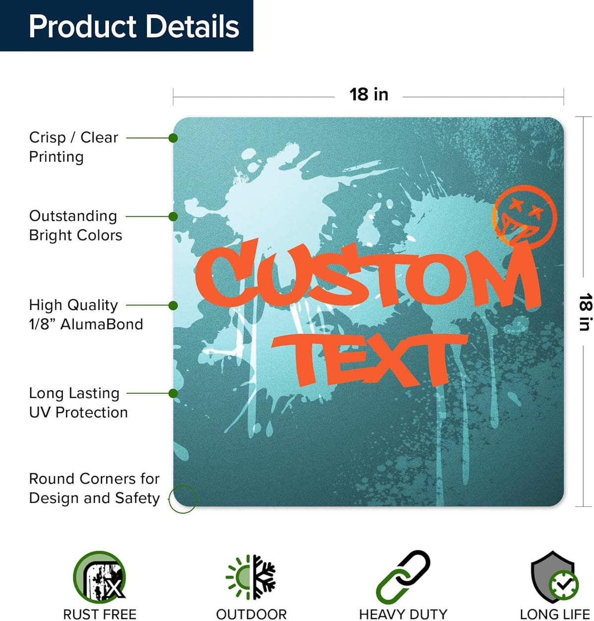 Custom Sign, Custom Street Sign, 11 Font Colors, 13 Font Styles, 4 Hole Options, 22 Sizes, 18x18