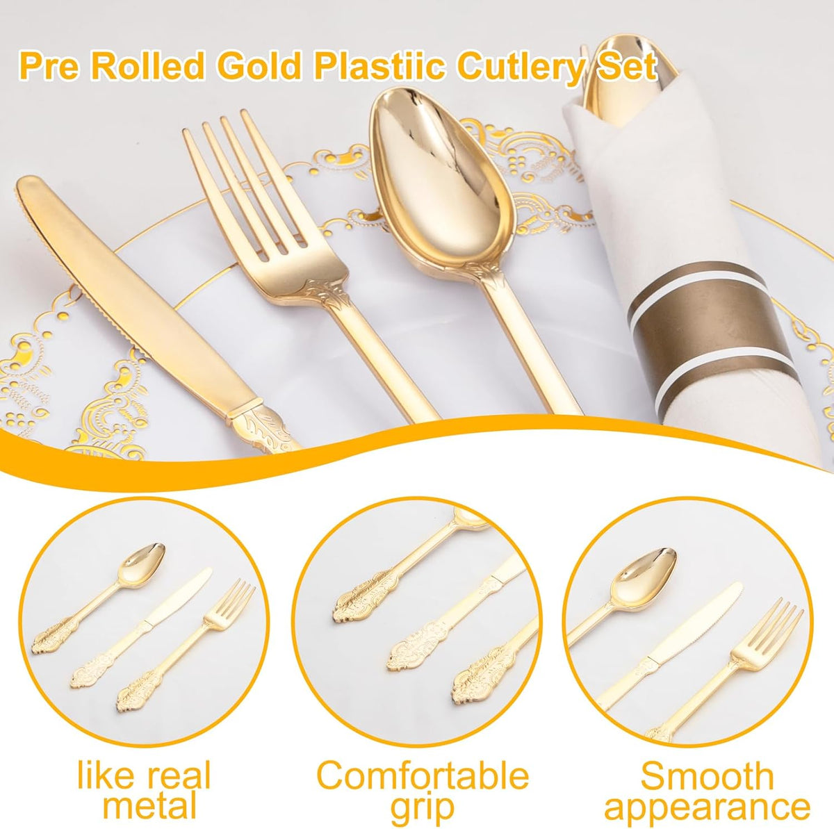 400PCS Pre Rolled Gold Plastic Silverware Sets - Heavy Duty Fancy Gold Cutlery - Include 100 Pack