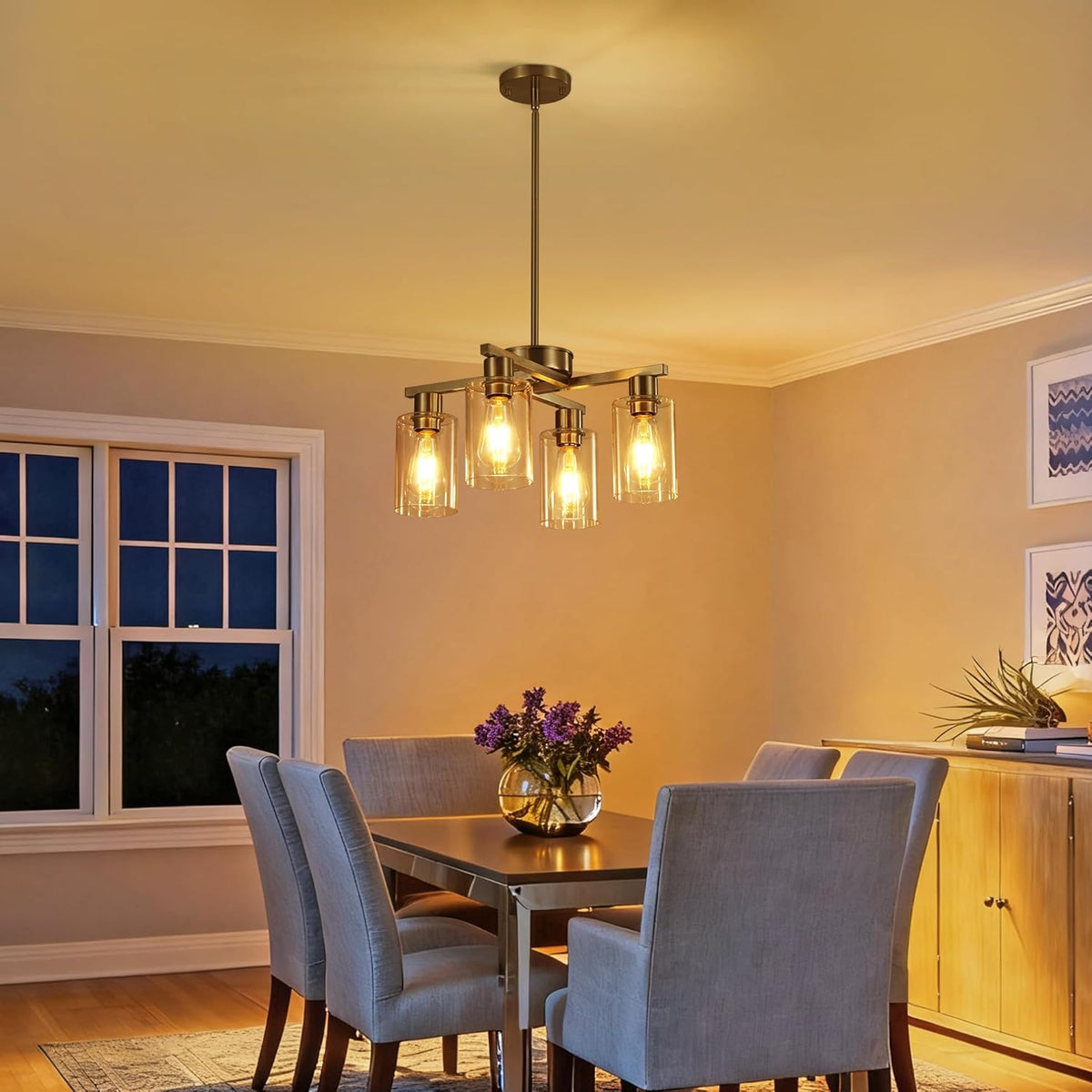 4-Light Modern Farmhouse Brushed Nickel Chandelier, Dining Room Light Fixture Over Table Adjustable