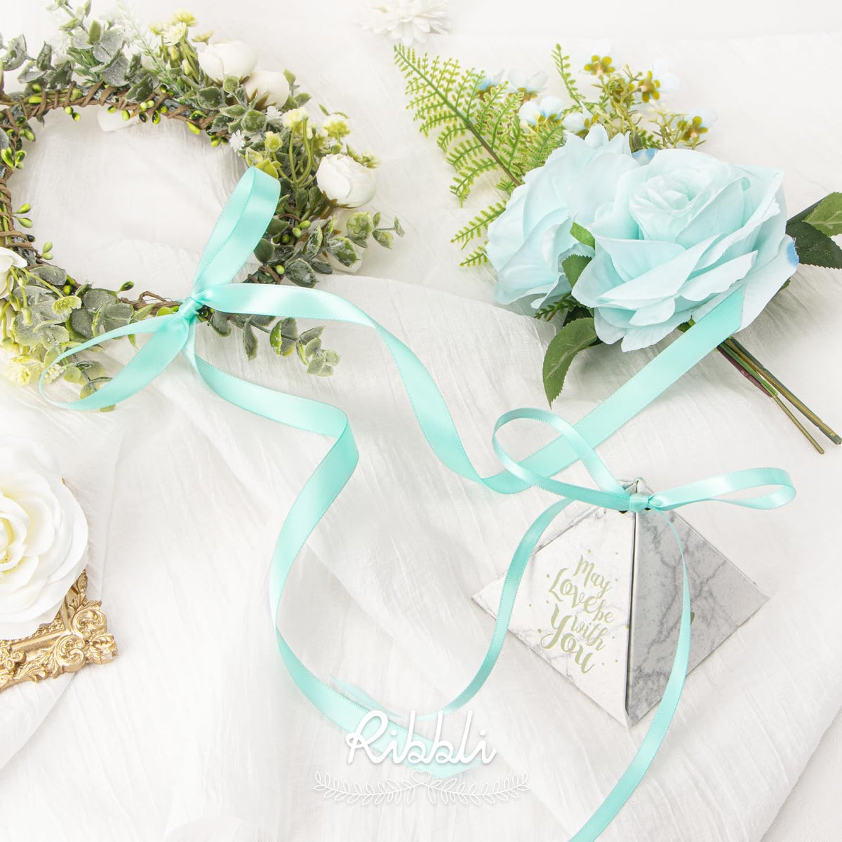Ribbli Aqua Blue Double Faced Satin Ribbon,1/4” x Continuous 25 Yards,Use for Bows Bouquet,Gift