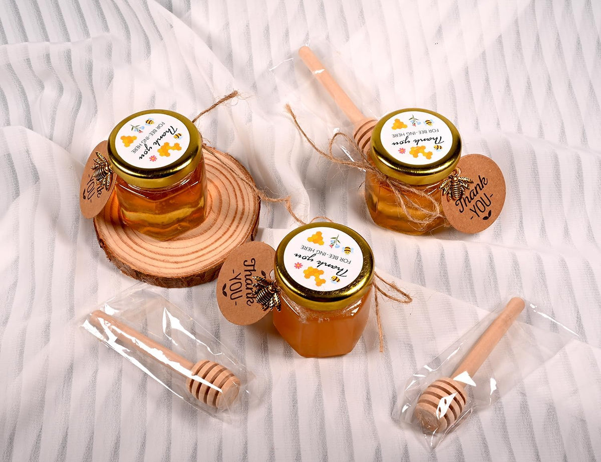 Adabocute Mini Honey Jars with Dipper - Hexagon Honey Pot Set with Gold Lid, Bee Pendants, Jutes