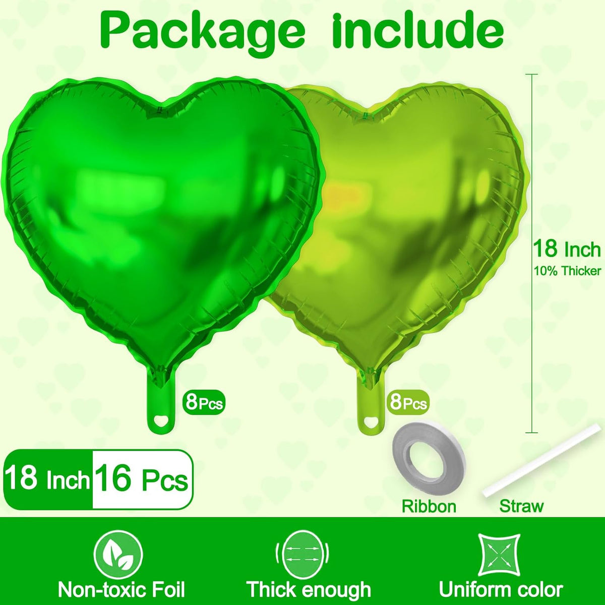 16 Pcs Heart Balloons, 18 Inch Lime Green Love Heart Shaped Foil Balloons for Wedding Anniversary