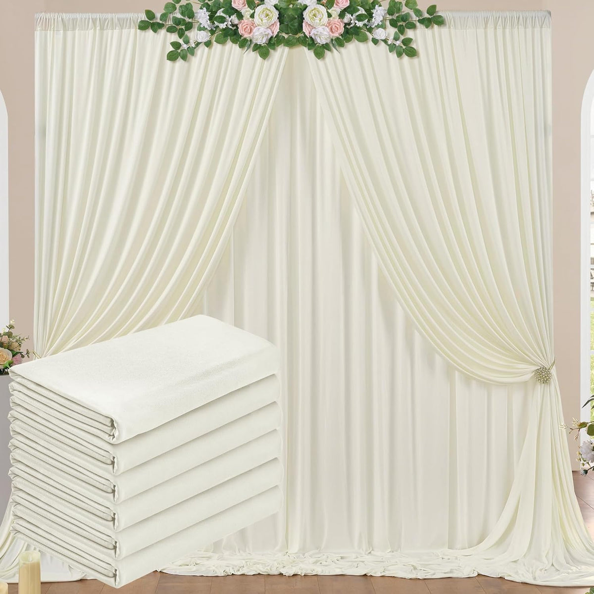 30 ft x 10 ft Wrinkle Free Ivory Backdrop Curtain for Wedding Parties, Polyester Ivory Photo