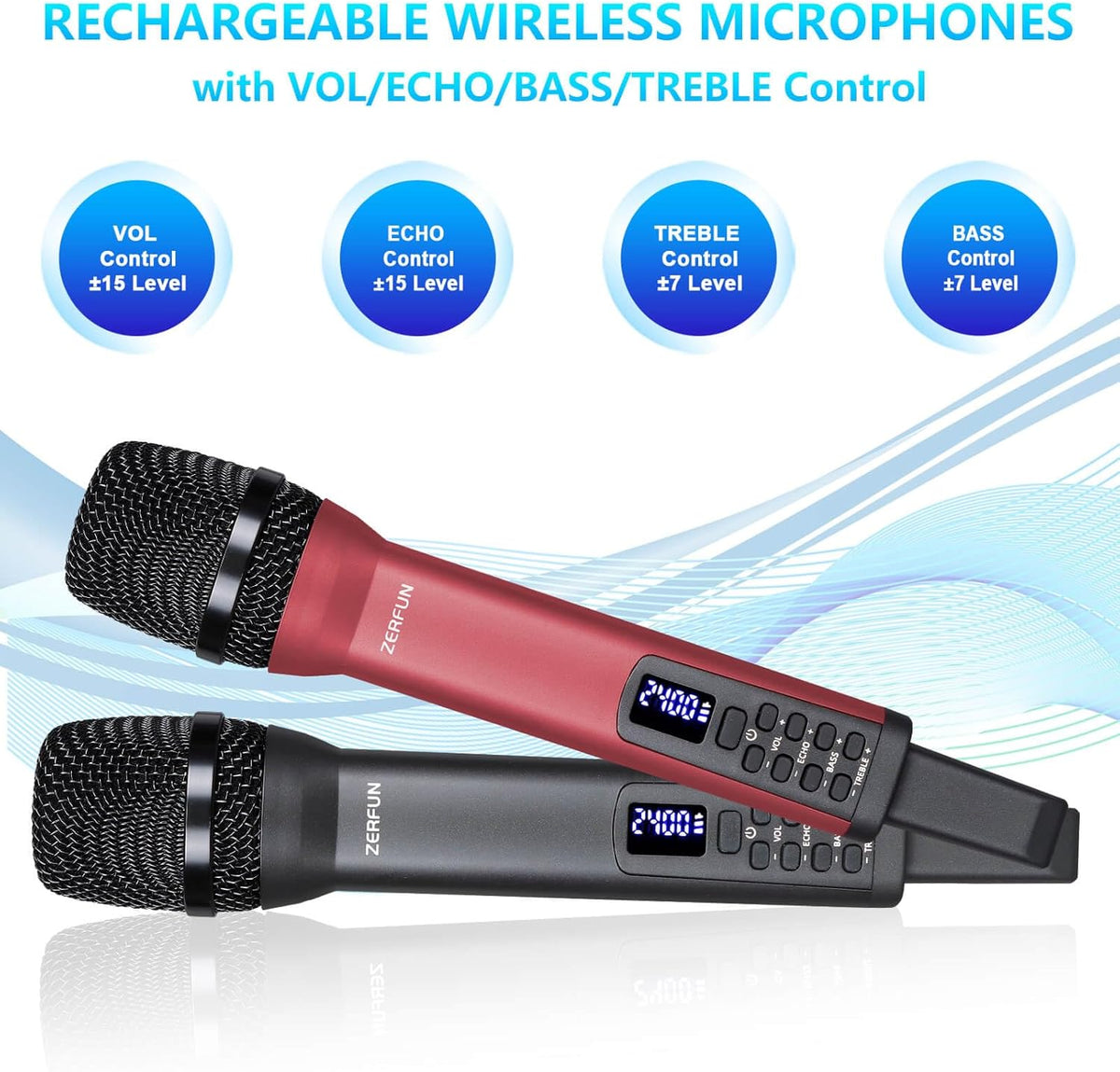 4 Rechargeable Wireless Microphones, Pro Handheld Cordless Mics System with Echo Treble BASS VOL