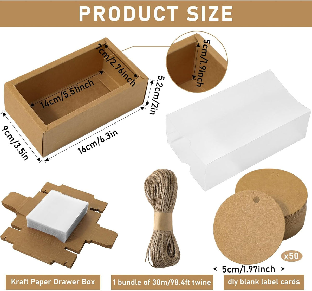 Roowest 50 Sets Kraft Soap Boxes Rectangle Packaging Box with Window Homemade Gift Box with Blank
