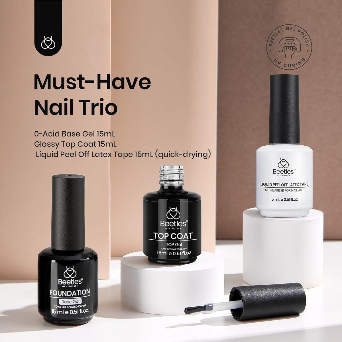 Beetles 3Pcs 15ml Gel Polish Top Coat Base Coat and Liquid Peel Off Latex Set No Wipe Base Top Coat