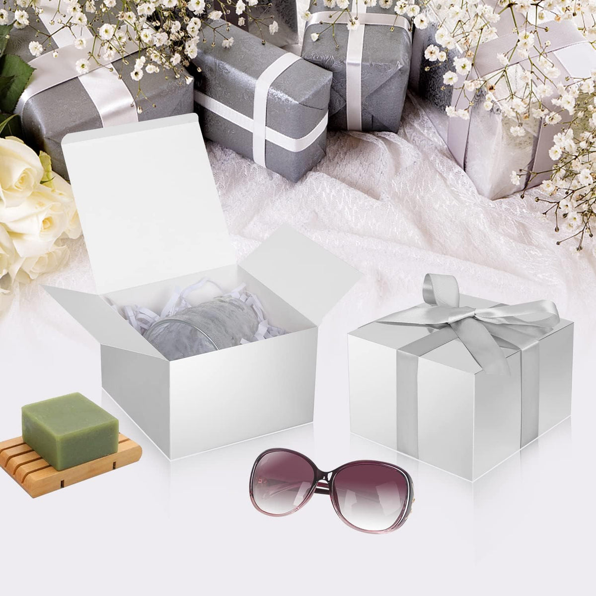 COTOPHER Small Gift Boxes 10 Pack 6x6x4 inches Silver Gift Boxes with Lids for Gifts, Crafting