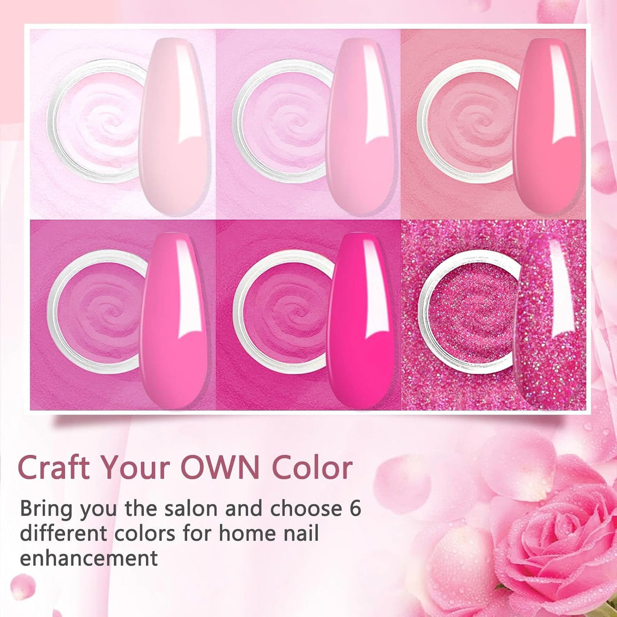 6 Colors Dip Powder Set, Pink Glitter Christmas Dipping Powder Color Set, Glossy Nail Art Manicure