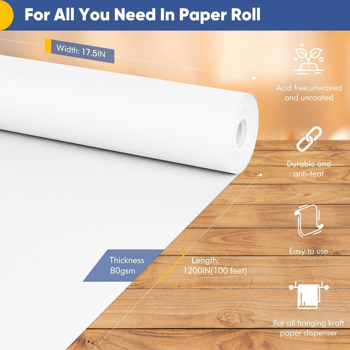 Vanhench White Wrapping Paper 17.5"x1200"(100'), White Easel Painting Drawing Paper Roll Kids Art