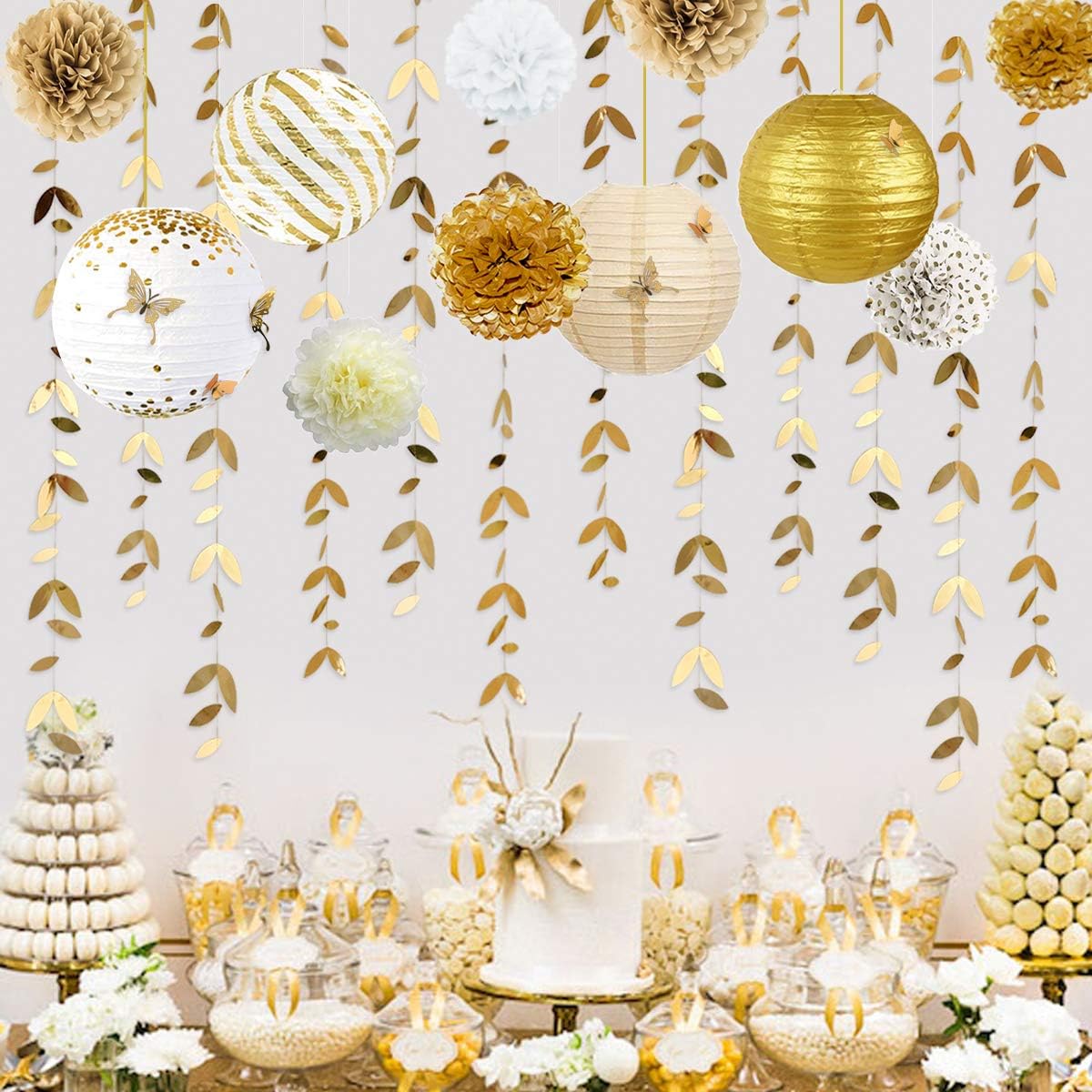 White and Gold Party Decoration Kit Lanterns Flowers Pom Pom with Gold 3D Butterfly Stickers and