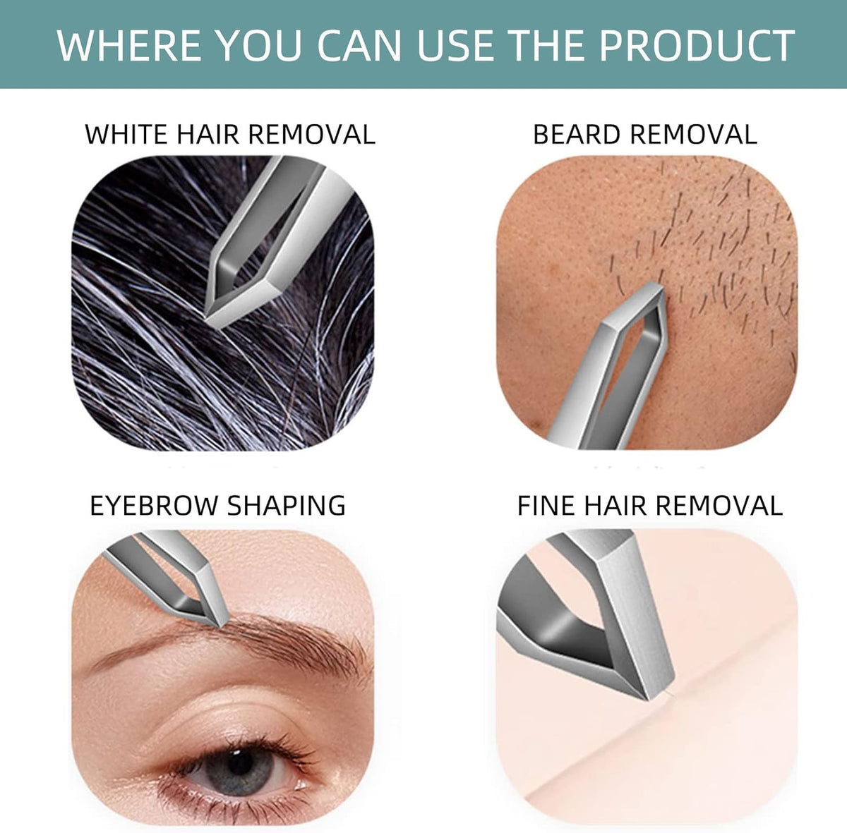 Beard Tweezers, White Hair Plucking Tweezers, Stainless Steel, Fine Hair Removal Tweezers, Eyebrows