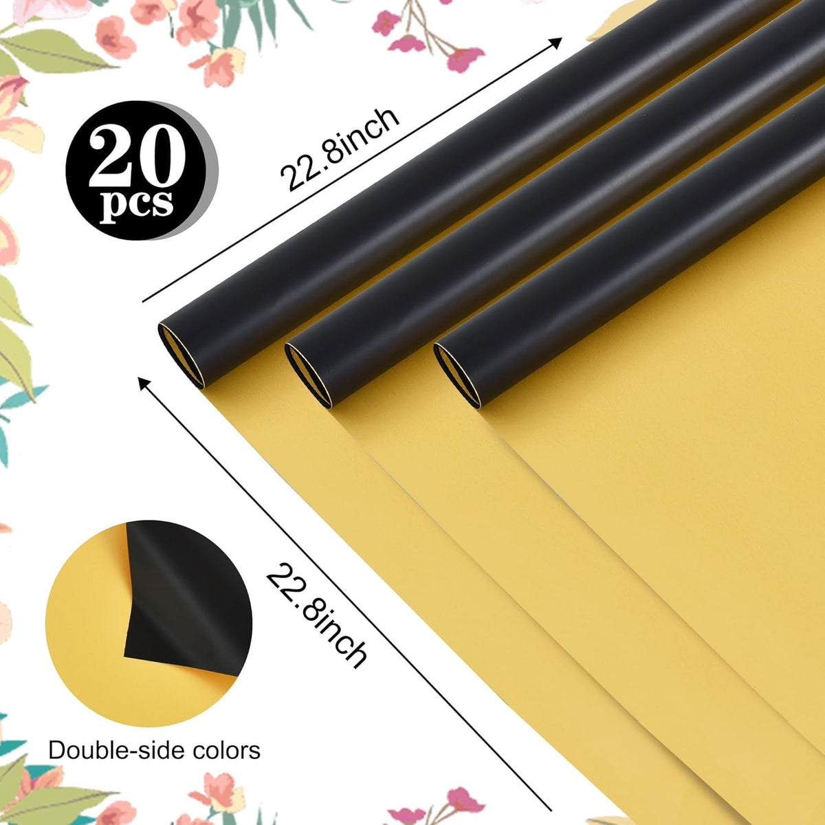 BEISHIDA 20Pcs Black and Gold Double Sided Floral Wrapping Paper Matte Waterproof Flower Bouquet