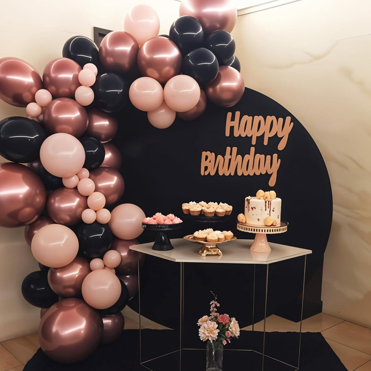 Black Rose Gold Balloons, 60pcs Rose Gold And Black Balloons, Metallic Pearl Matte Confetti Balloon