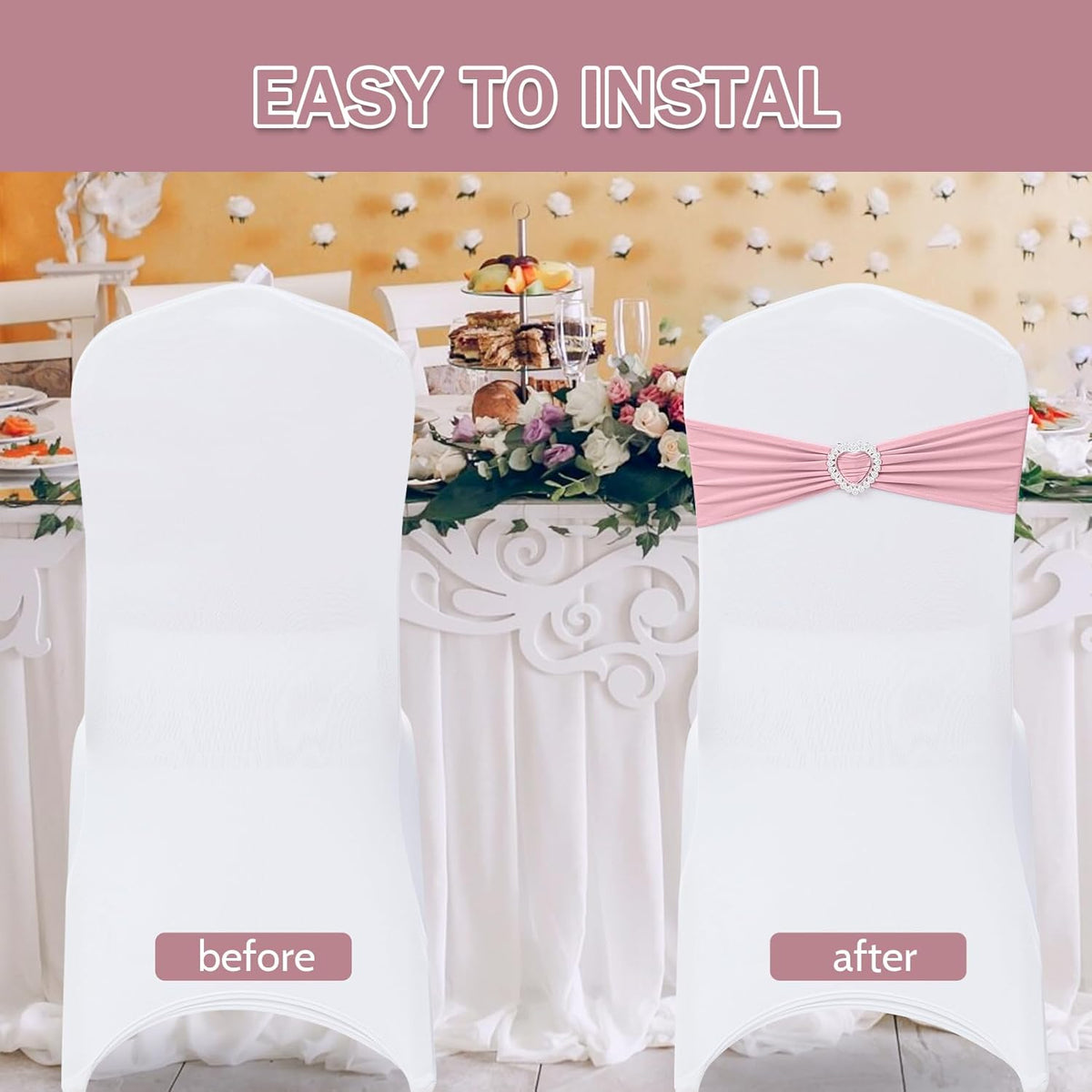 Howhic Pack of 120 Spandex Chair Sashes Bows Stretch Chair Cover Band with Buckle Slider Universal