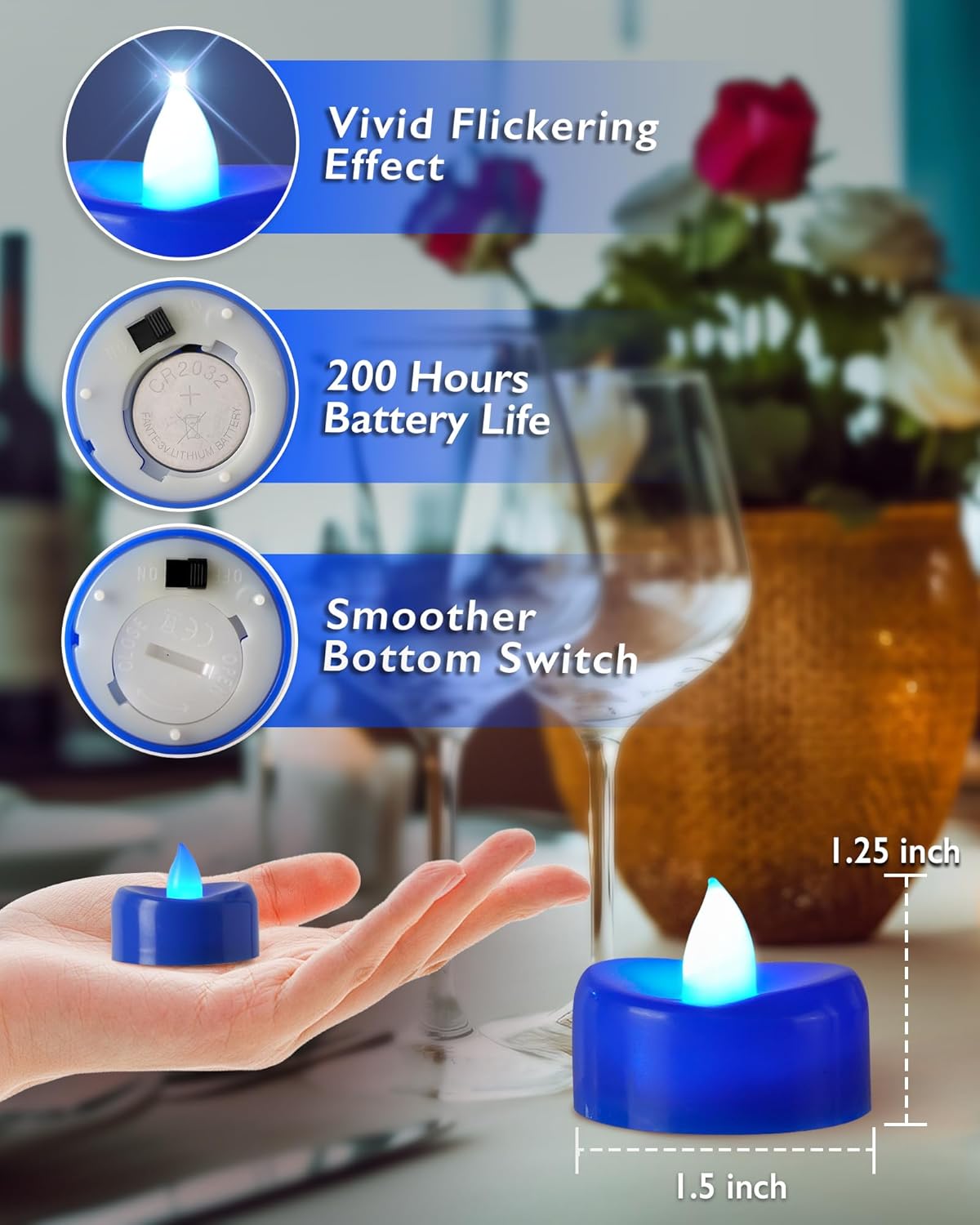 Raycare Blue LED Tea Lights Battery Operated, 200+Hour Flickering Votive Candles,Realistic Fake