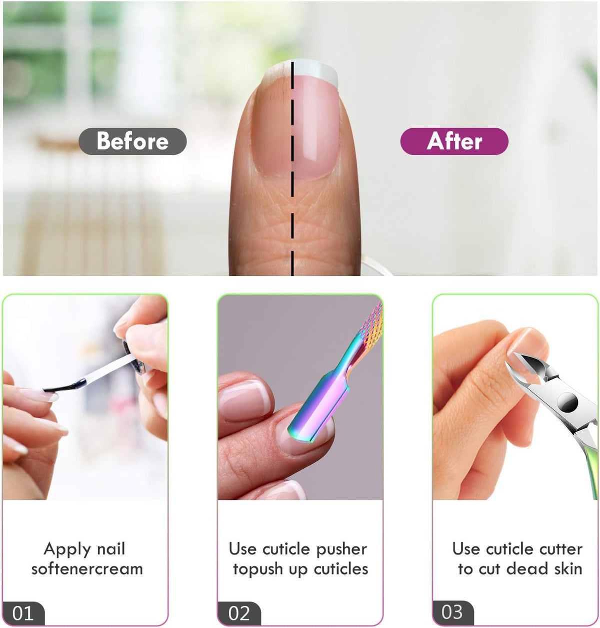 Cuticle Trimmer Cuticle Remover with Cuticle Pusher, XUNXMAS Professional Stainless Steel Durable