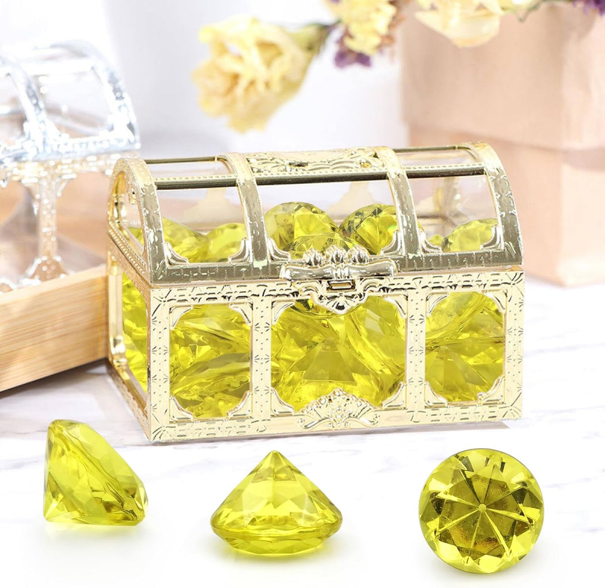 100 PCS Acrylic Diamond Gems, Gold Acrylic Diamonds 1 Inch Acrylic Gemstones Vase Filler Fake Gems