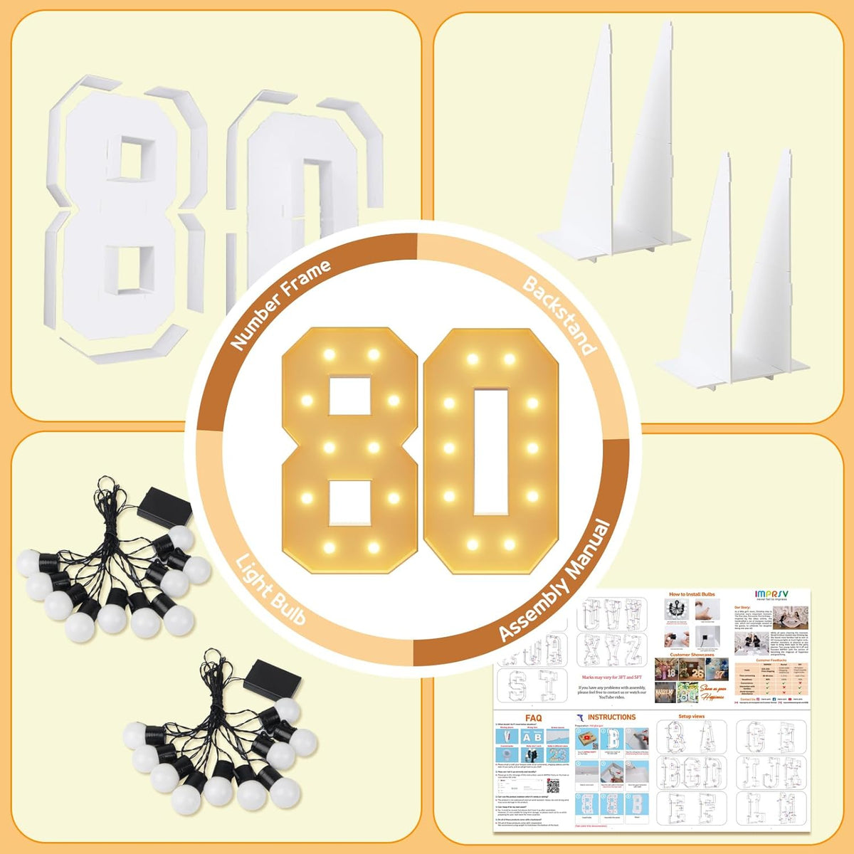 imprsv 4FT Light Up Numbers, Marquee Numbers 80th Birthday Decorations for Women Men, Large Light