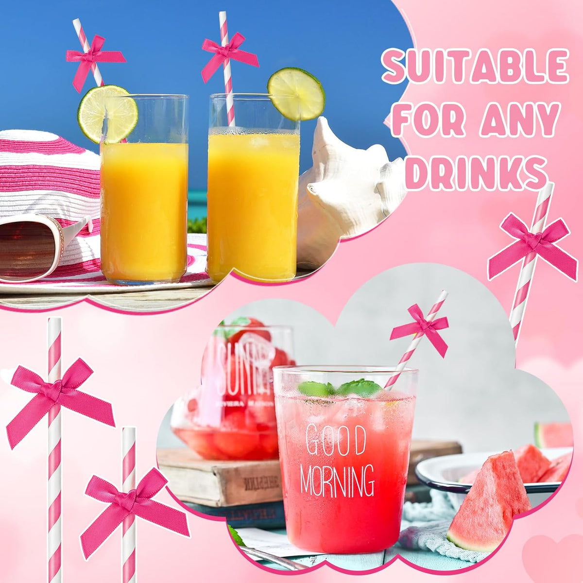 100 Pcs Rose Red Paper Straws for Drinking, Bow Disposable Striped Paper Straws Bulk Rose Red Theme