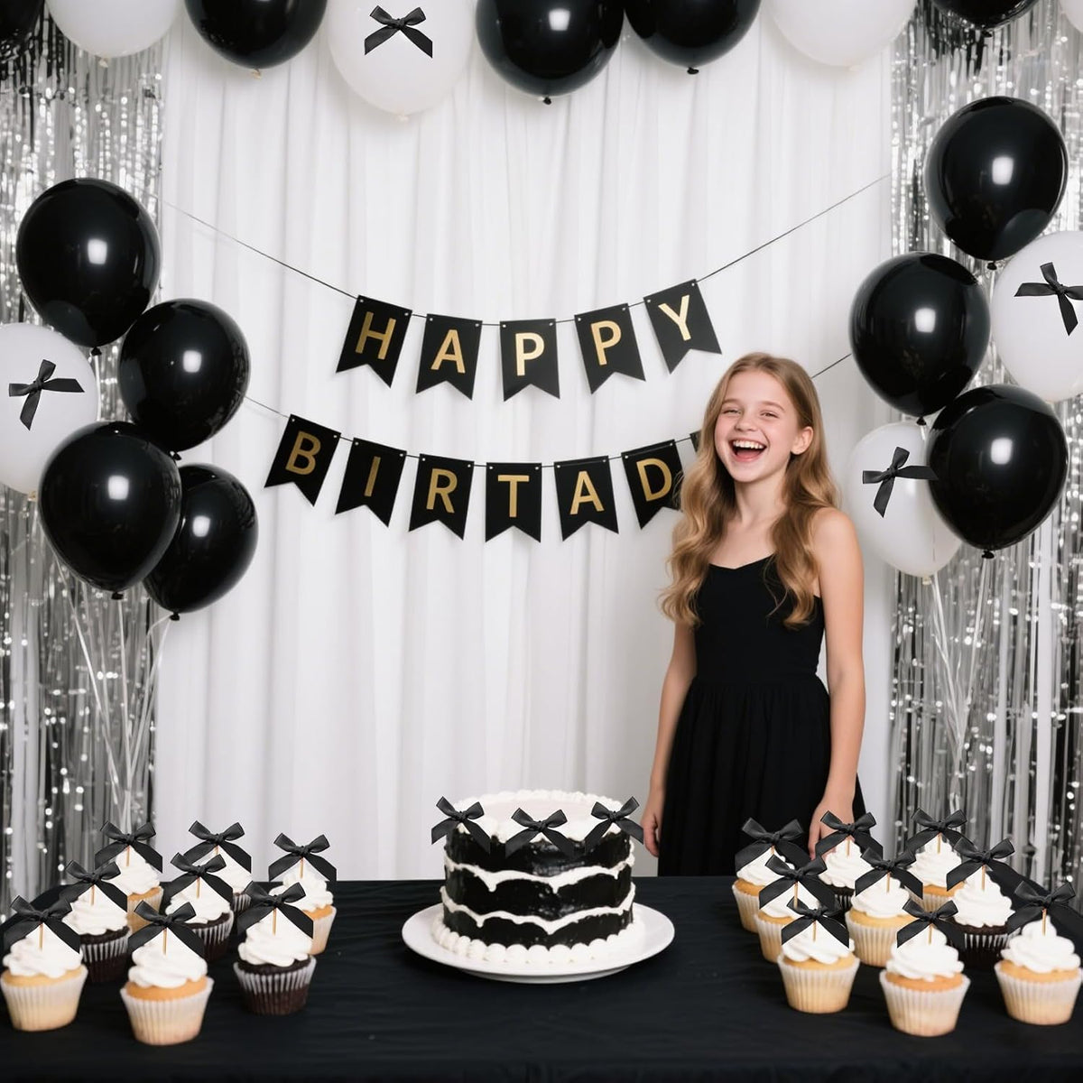 24Pcs Bow Cupcake Toppers - Black Bow Cake Topper Birthday Decorations, Bowknot Cupcake Picks for