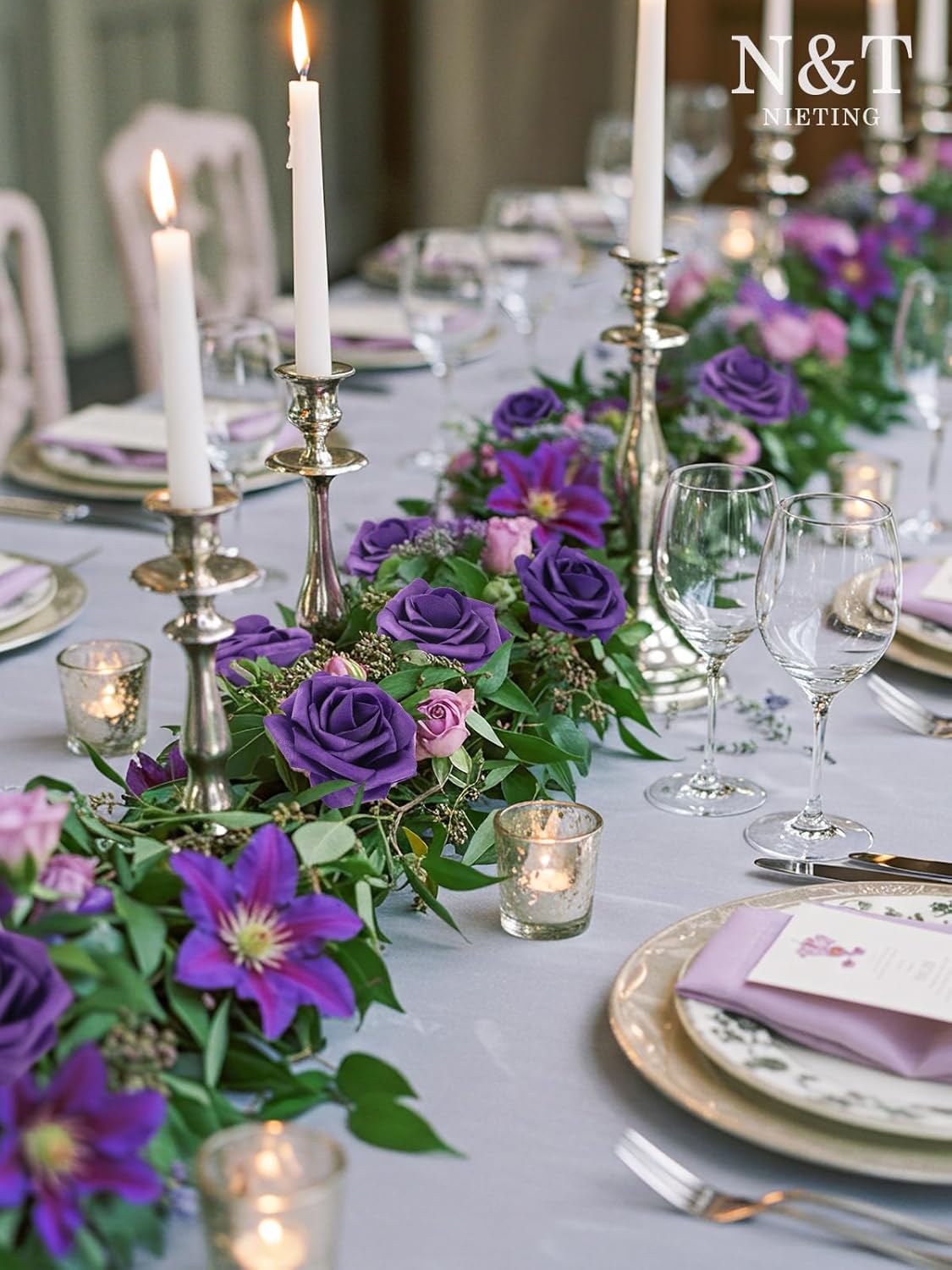 N&T NIETING Artificial Flowers 50pcs Real Looking Dusty Purple Foam Fake Roses with Stems for DIY