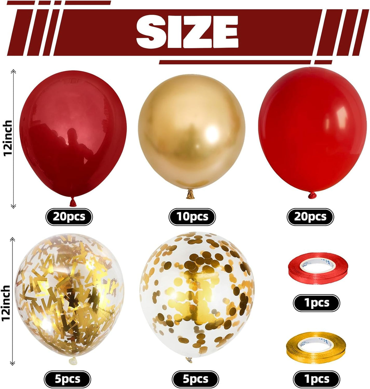 Red and Gold Balloon, 60 Pack 12 Inch Different Shades Red Party Balloons, Dark Red and Metallic