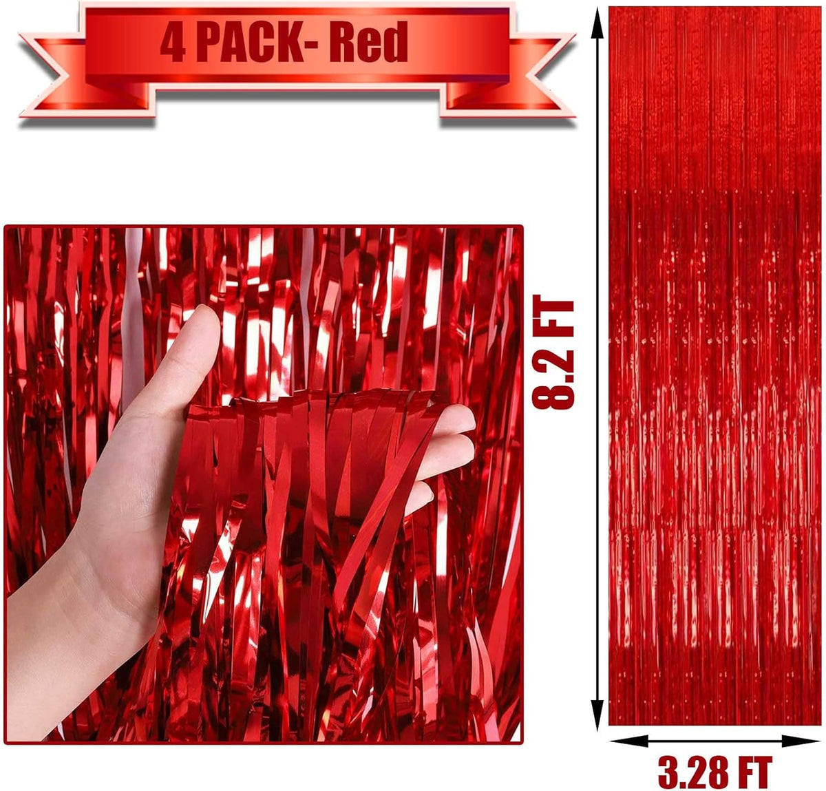 4 Pack Red Foil Fringe Curtain Backdrop, 3.28Ft x 8.2Ft Metallic Tinsel Foil Fringe Streamer for