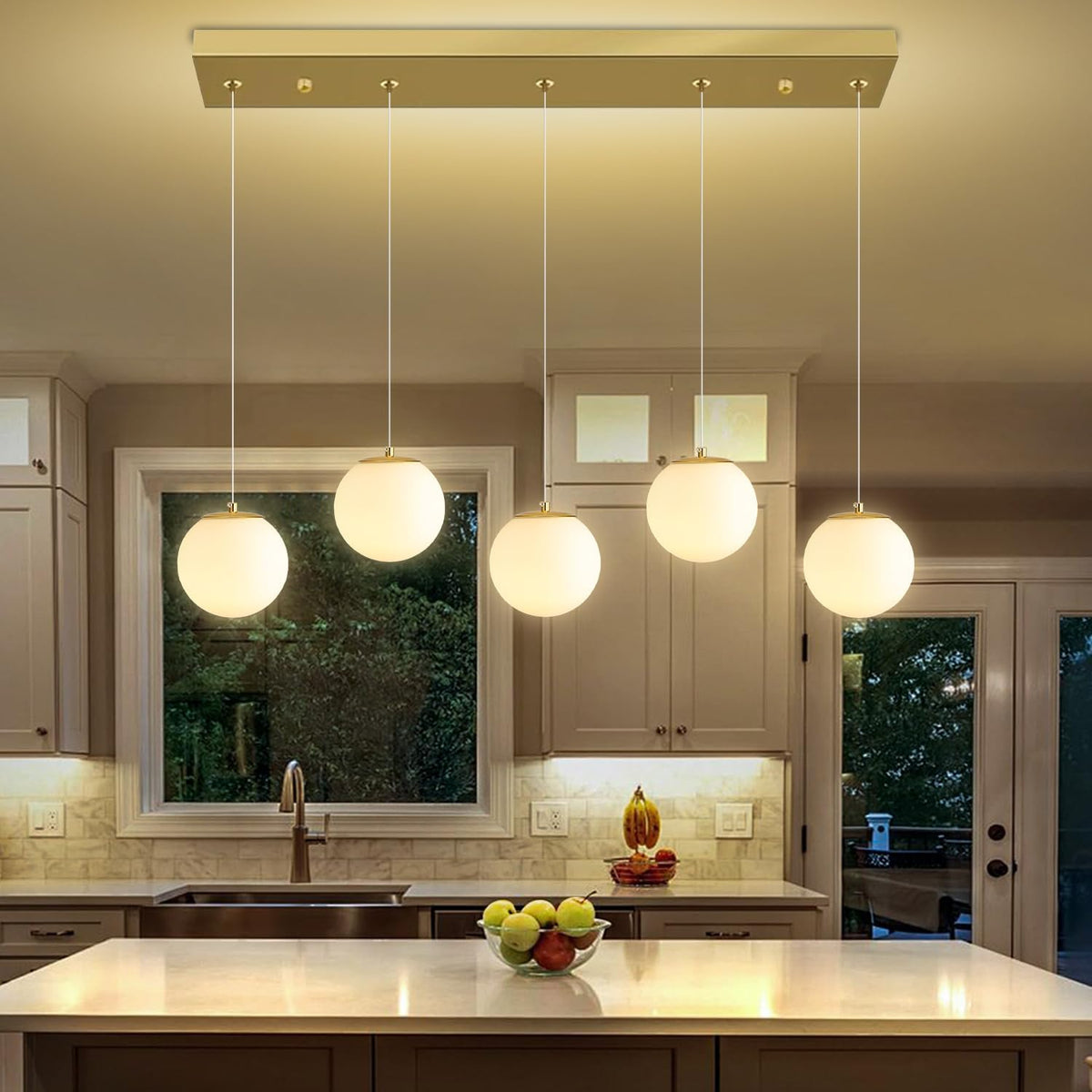 5-Lights Globe Pendant Light for Kitchen Island H 98" Gold Rectangle Chandelier Milk White Glass