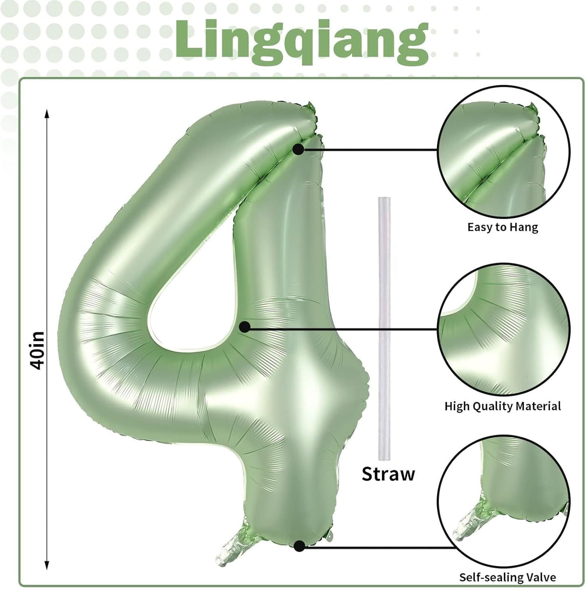 40 Inch Sage Green Foil Balloon Number 4, Large Self Inflating Olive Green Number Balloons 0-9