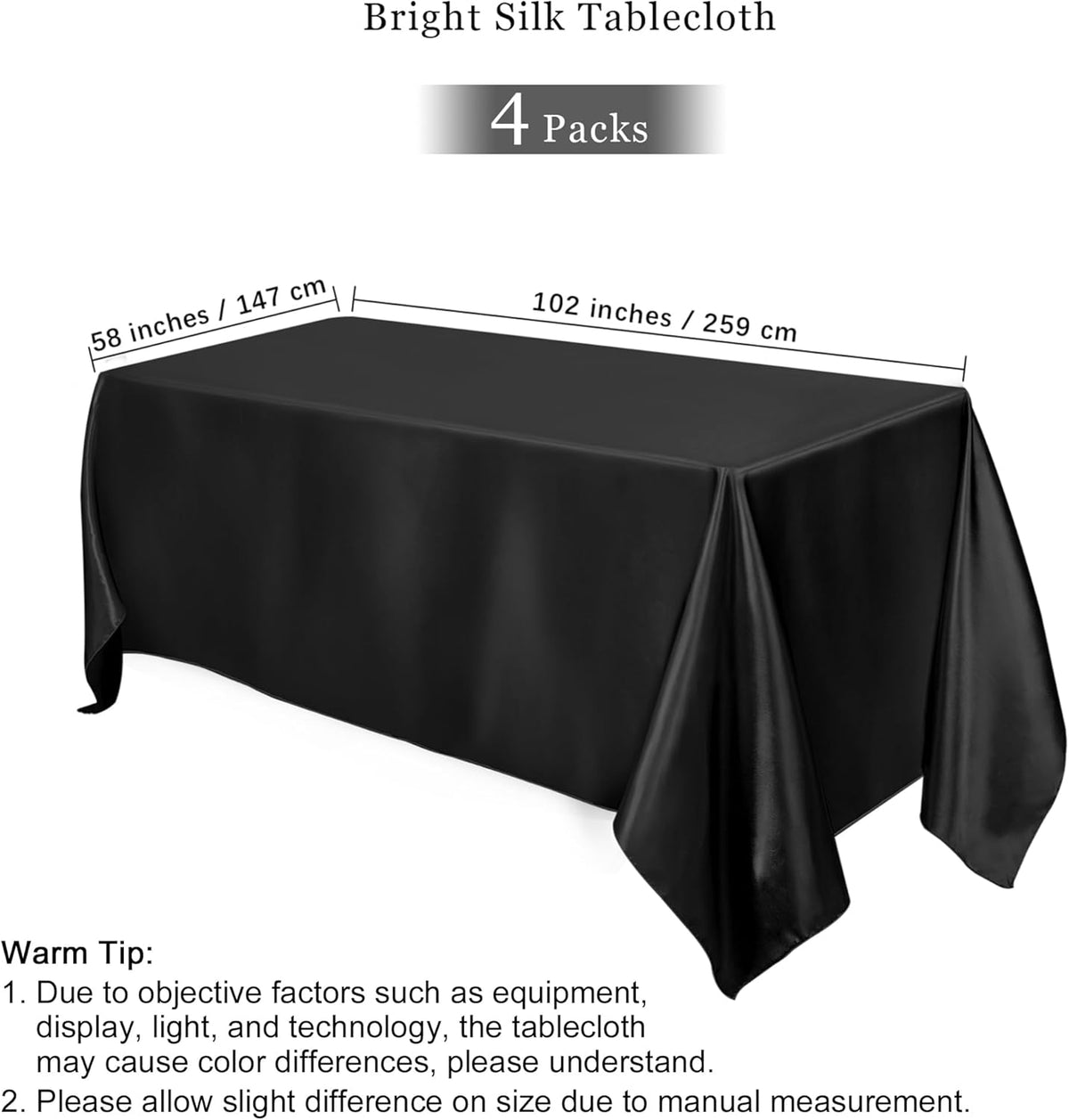 TURSTIN 4 Packs Black Satin Tablecloth 102 x 58 Inch Overlay Satin Table Cover Rectangle Bright