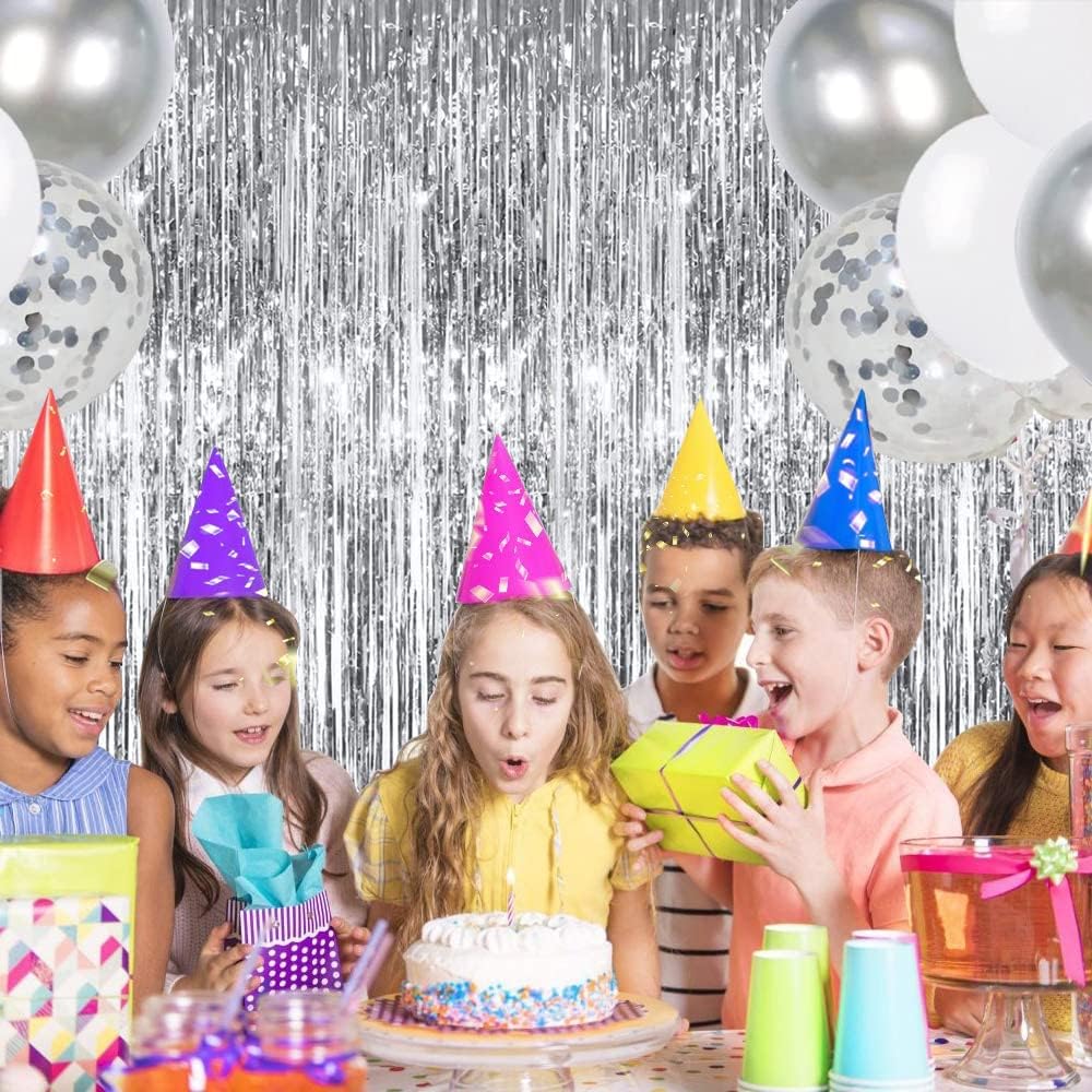 TONIFUL 3Pcs Silver Metallic Tinsel Foil Fringe Curtains,3.28ft x 6.56ft Silver Photo Booth