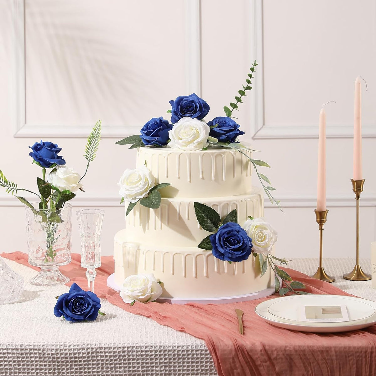 Tifuly Royal Blue Roses Artificial Flowers -12 pcs Realistic Single Long Stem Fake Silk Roses