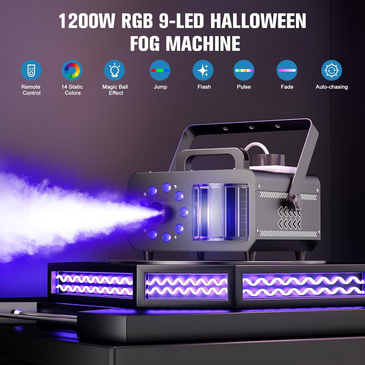 Fog Machine with 9 RGBW LED Lights, 1200W Professional Smoke Machine, 1L Tank, 3000CFM Output, 14