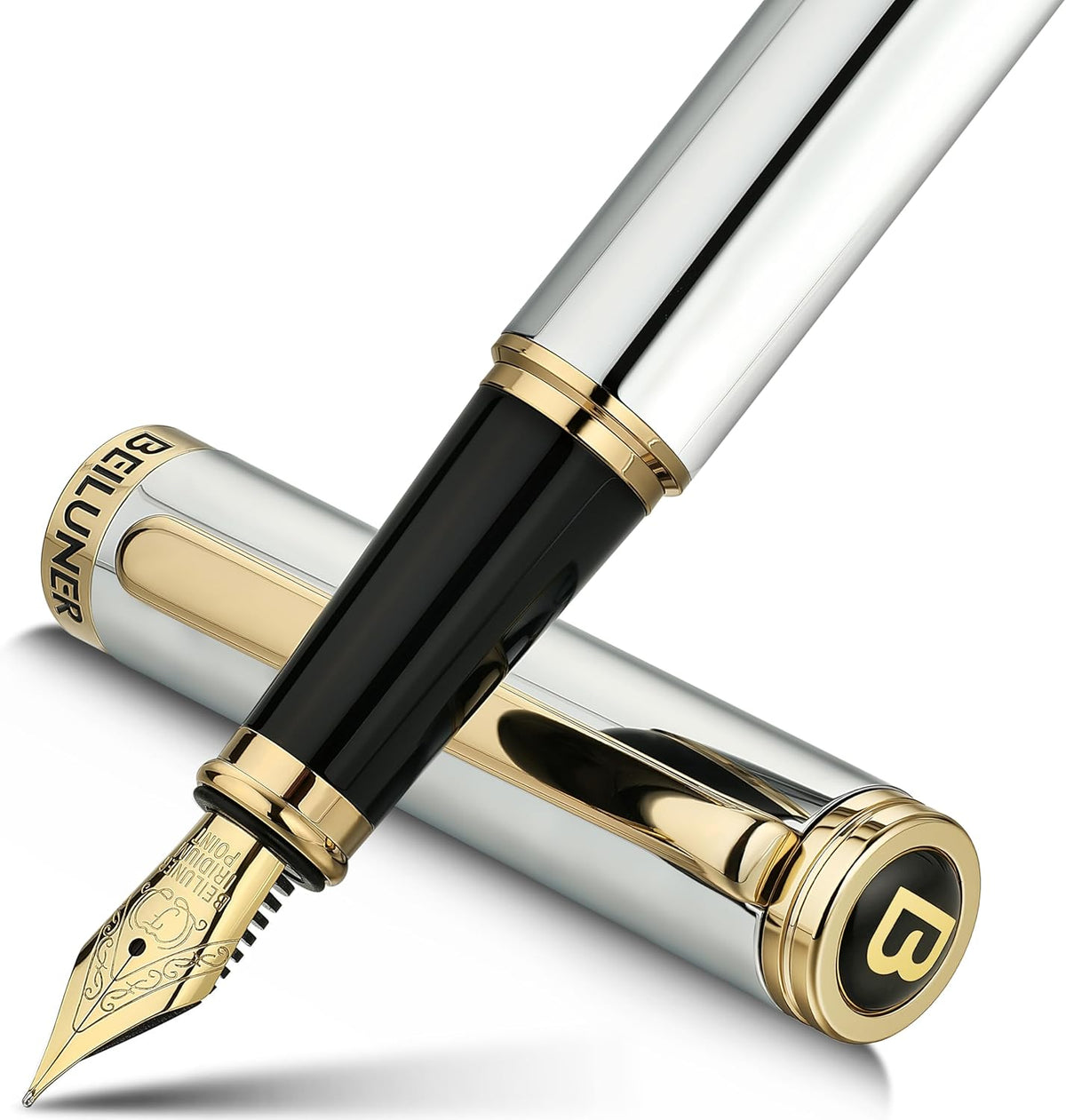 BEILUNER Silver Chrome Fountain Pen,Stunning Luxury with 24K Gold Accents, Gorgeous 24K Gilded