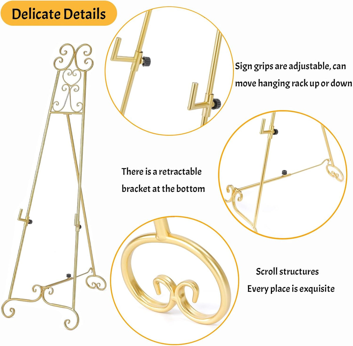 Metal Large Free Standing Adjustable Display Stand Scroll Easel with Chain Support, Gold Easel