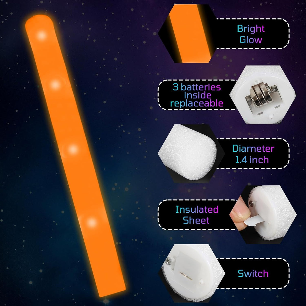 Foam Glow Sticks Bulk, 30 PCS Orange Light Up Foam Sticks 3 Modes, Glow Party Supplies for