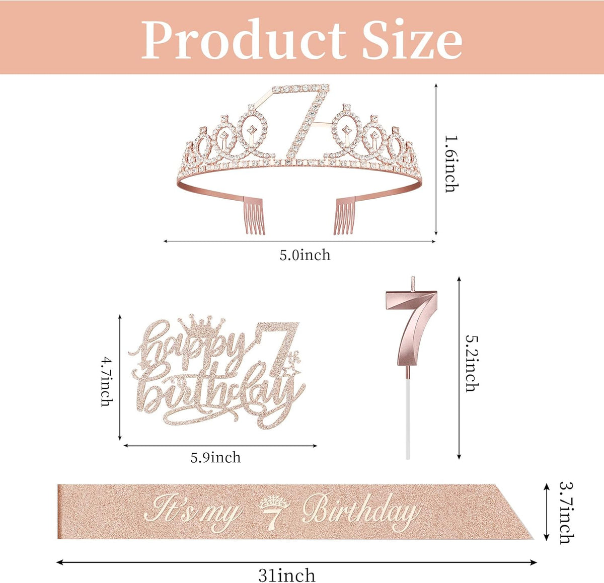 7th Birthday Decorations for Girl with Sash and Tiara, Numeral Candle and Cake Topper, 7 Year Old