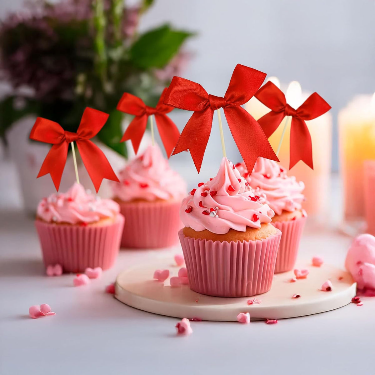 Gyufise 24Pcs Bow Cupcake Toppers Coquette Bow Girls Birthday Cake Decorations Bowknot Cake Toppers
