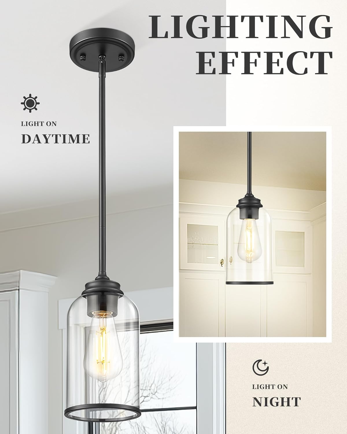 LIROUVET 2 Pack Pendant Lights Kitchen Island, Modern Pendant Lights, Black Hanging Lamp with Clear
