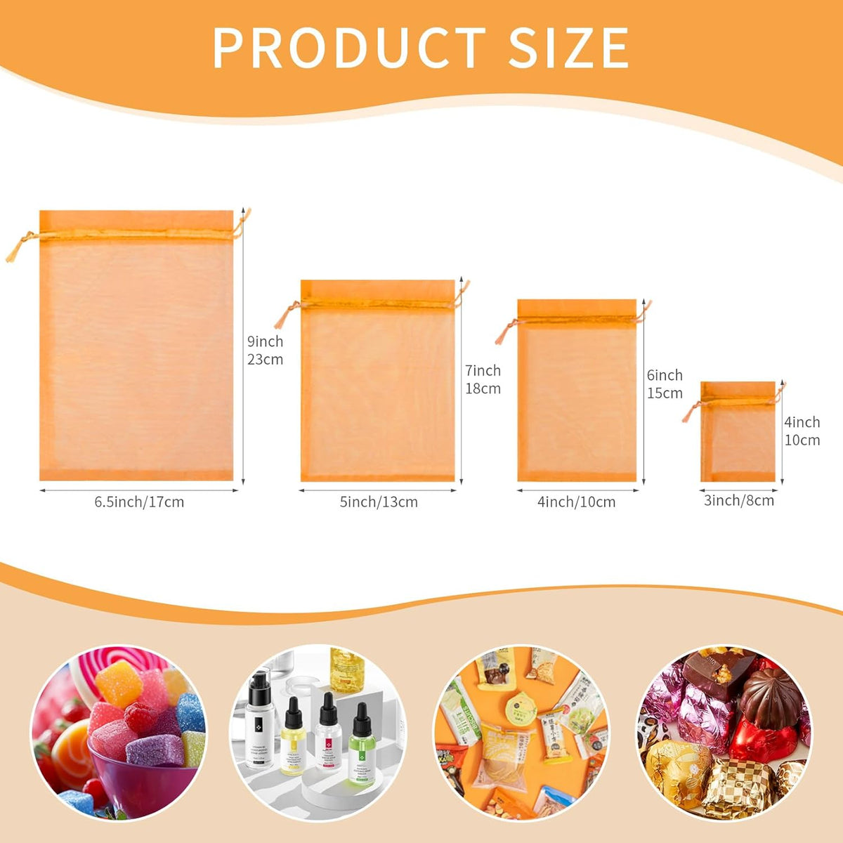 50 Pack Orange Organza Bags 3x4 Inch, Mesh Drawstring Bags Small Gift Bags Candy Bags Party Favor