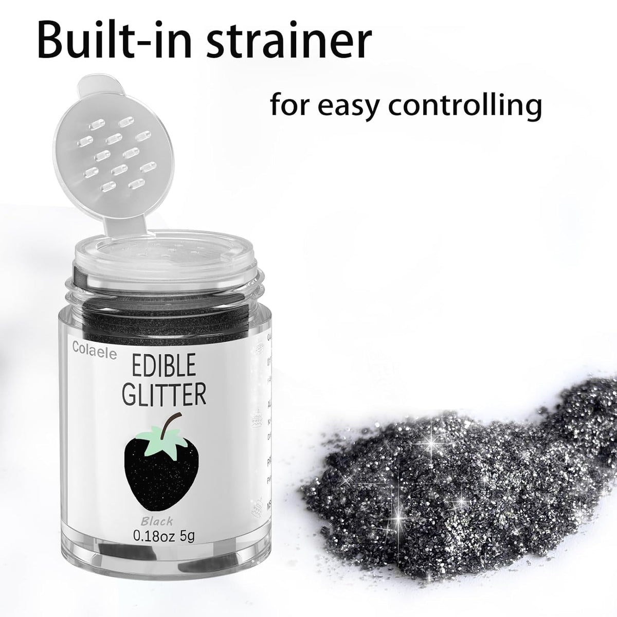 Black Edible Glimmer Powder Glitter - Colaele 5 grams Food-Grade Luster Dust Metallic Fancy Food