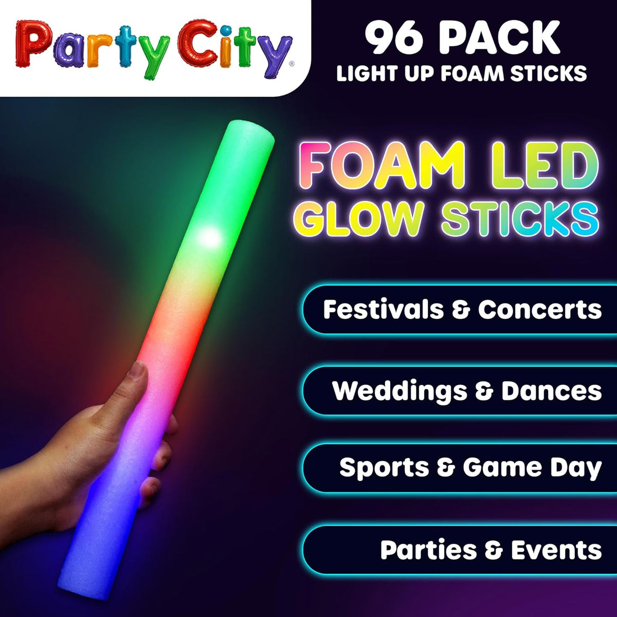 Party City 96pk LED Foam Glow Sticks 14”- Glow in the Dark Party Supplies Favors, Colorful Flashing