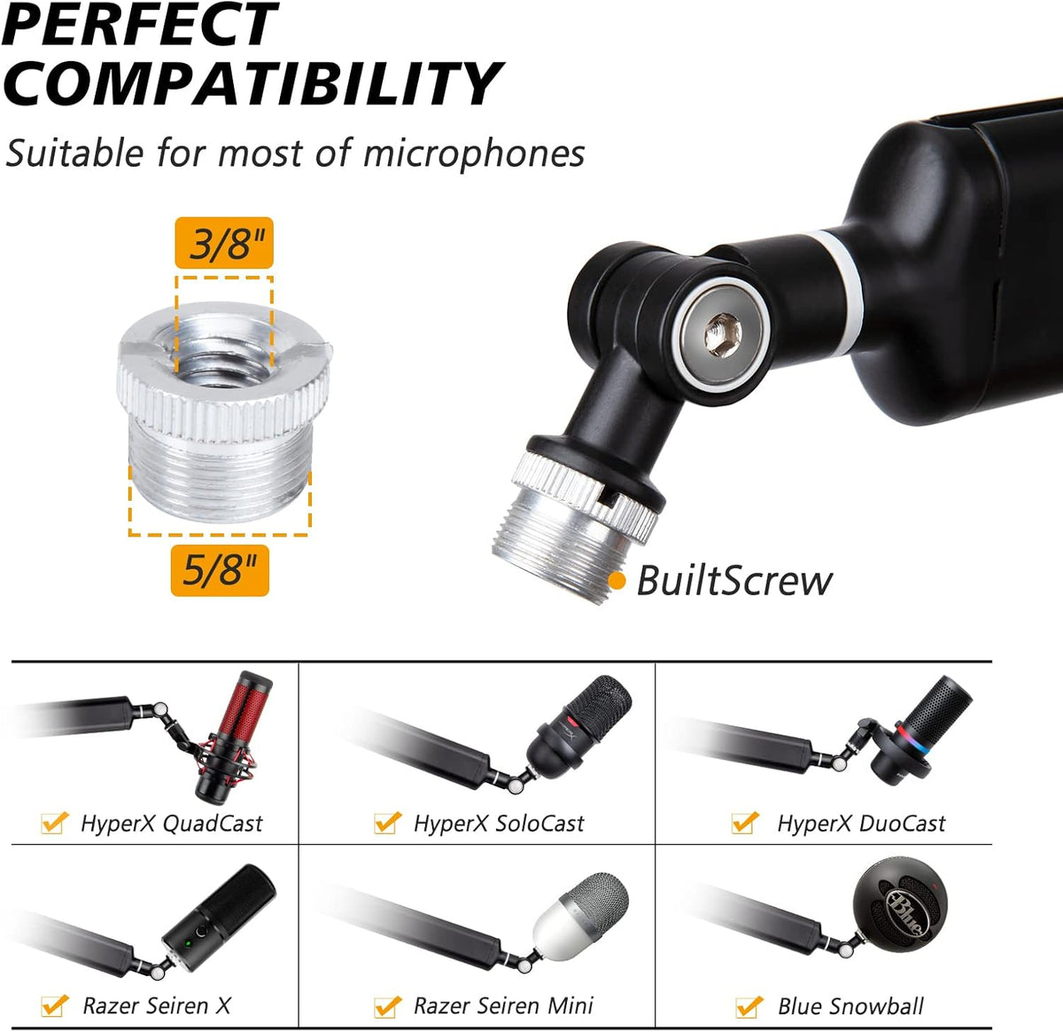 SUNMON Mic Stand Boom Arm - Microphone Arm Compatible with HyperX QuadCast, 360° Rotation