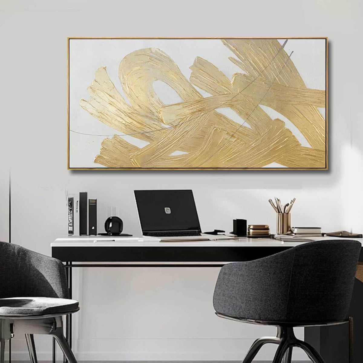 Gold Framed Canvas Art Abstract Wall Decor White Picture Decor 24"x48" Canvas Wall Art for Bedroom