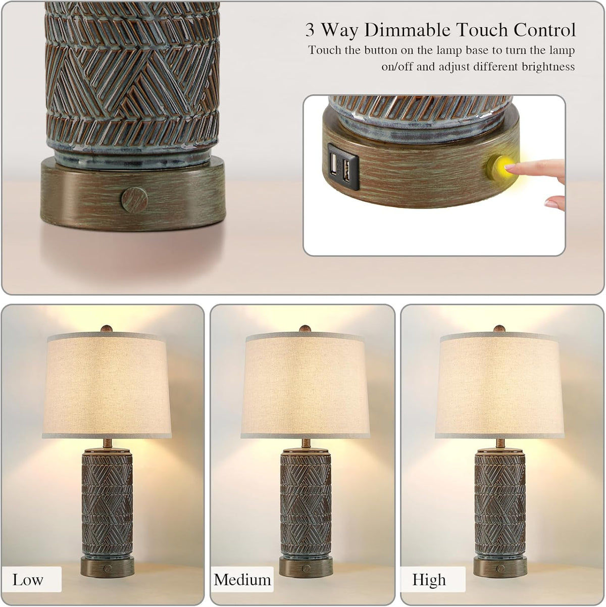 RORIA Set of 2 Farmhouse Table Lamps for Living Room Bedroom, 3 Way Dimmable Touch Nightstand Lamp