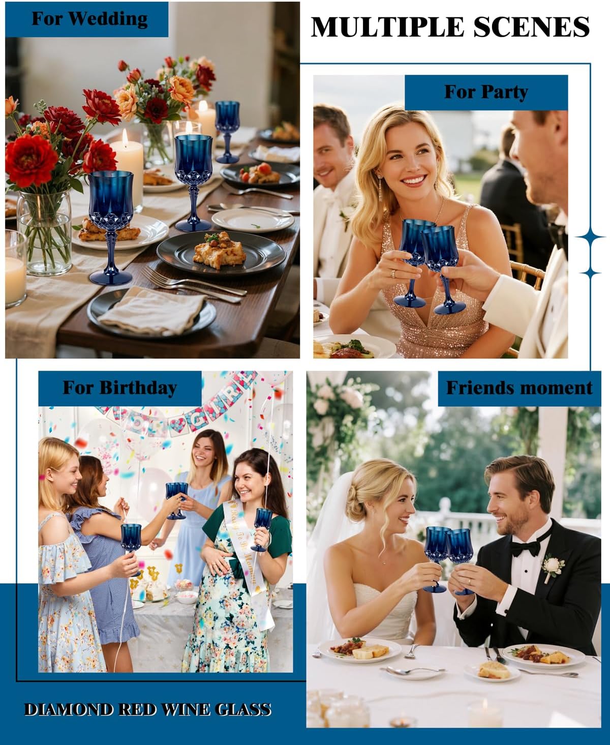 Ciaell 24PCS Blue Plastic Wine Glasses - 7 Oz Plastic Goblets for Party - Blue Vintage Drinking