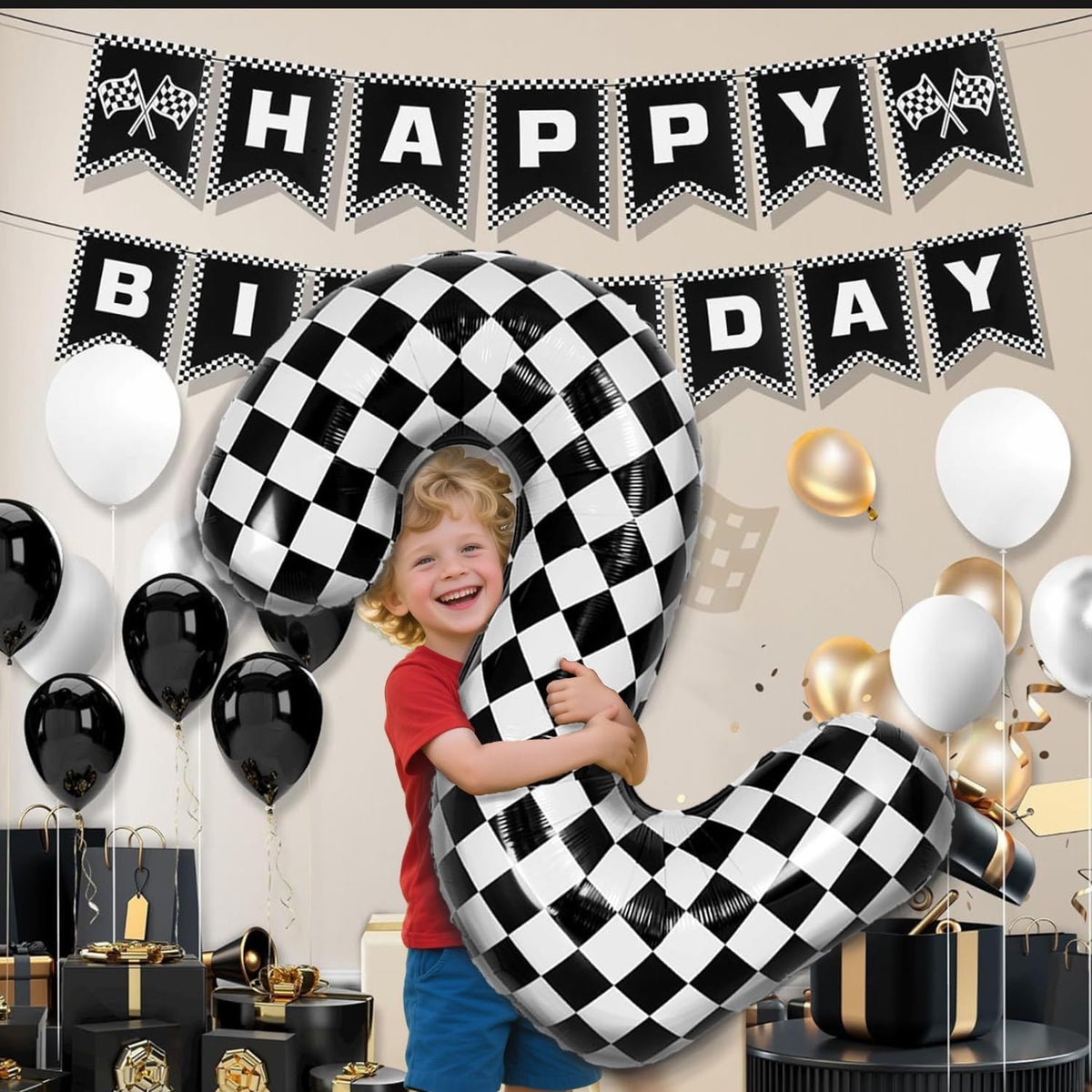 40 Inch Checkered Number Balloon - Race Flag Pattern Big Helium Balloon for Birthday Party