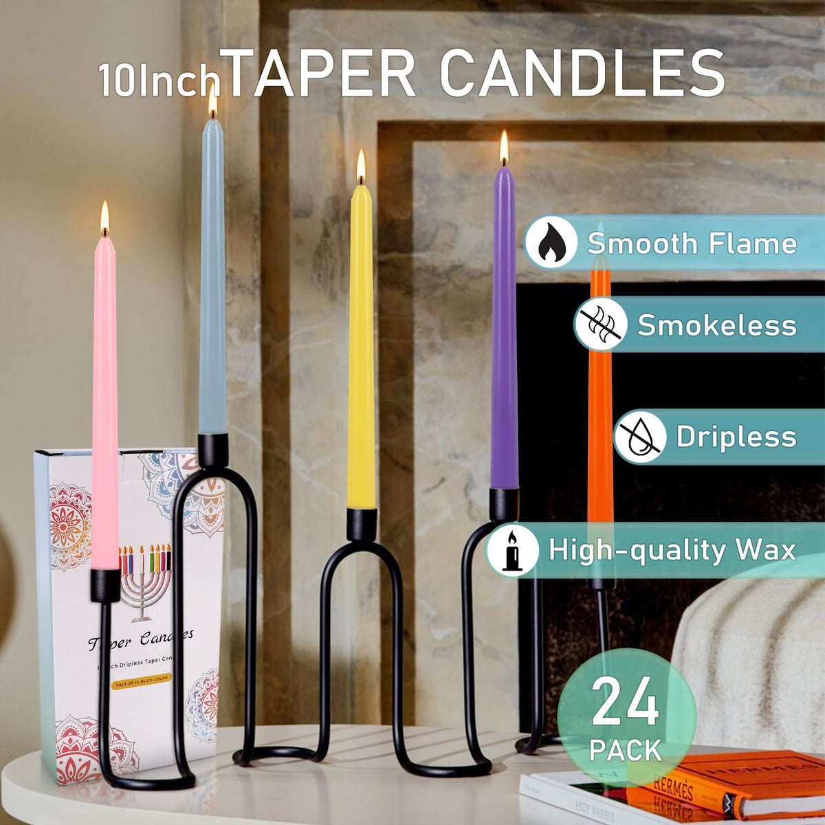 24 Pack 10" Tall Colored Taper Candles, Dripless Unscented Colorful Candlesticks for Birthdays
