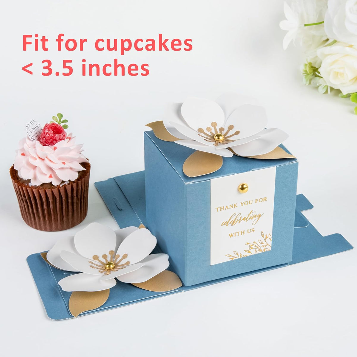 FEIYI 20 PCS Dusty Blue Gift Boxes, 3 In 1 Favor Boxes with Floral Decor, White Thank You Tags