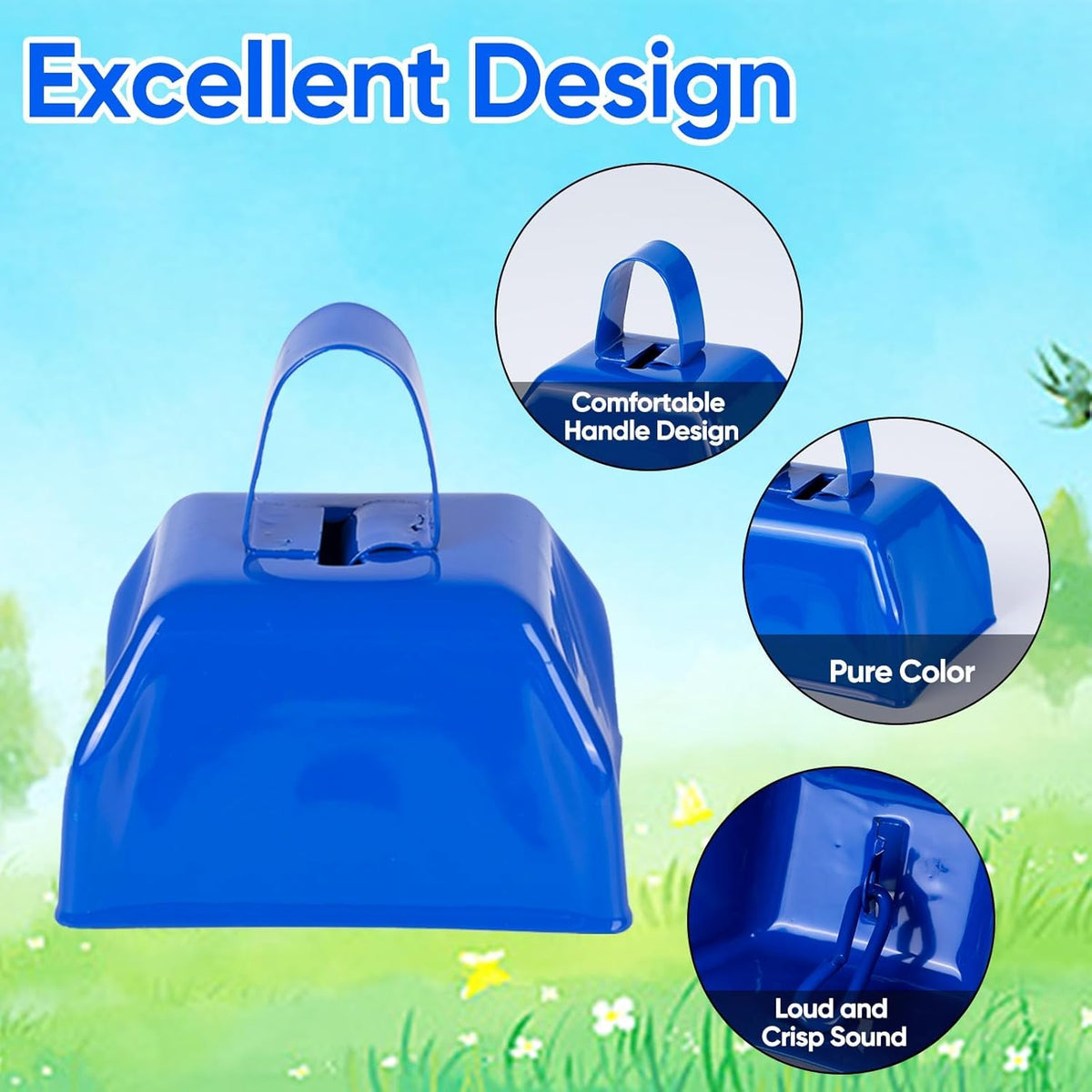Cow Bells Noise Makers Blue Cheering Bell for Sporting Events: 12 Pcs Metal Cowbells with Handle